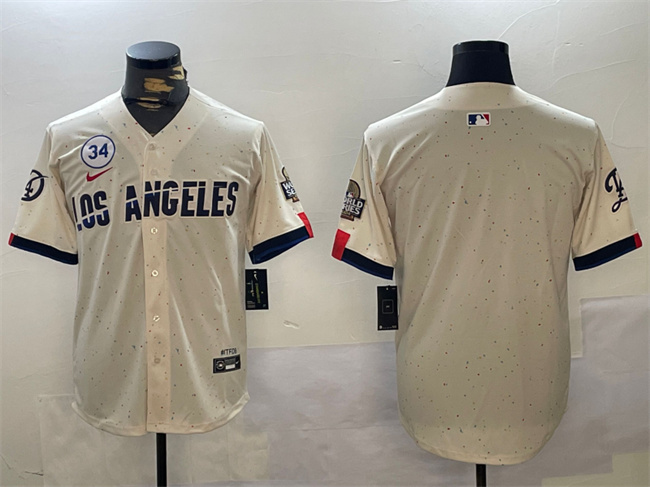 Los Angeles Dodgers Blank Cream 2024 World Series With No. 34 Patch Limited Stitched Jersey